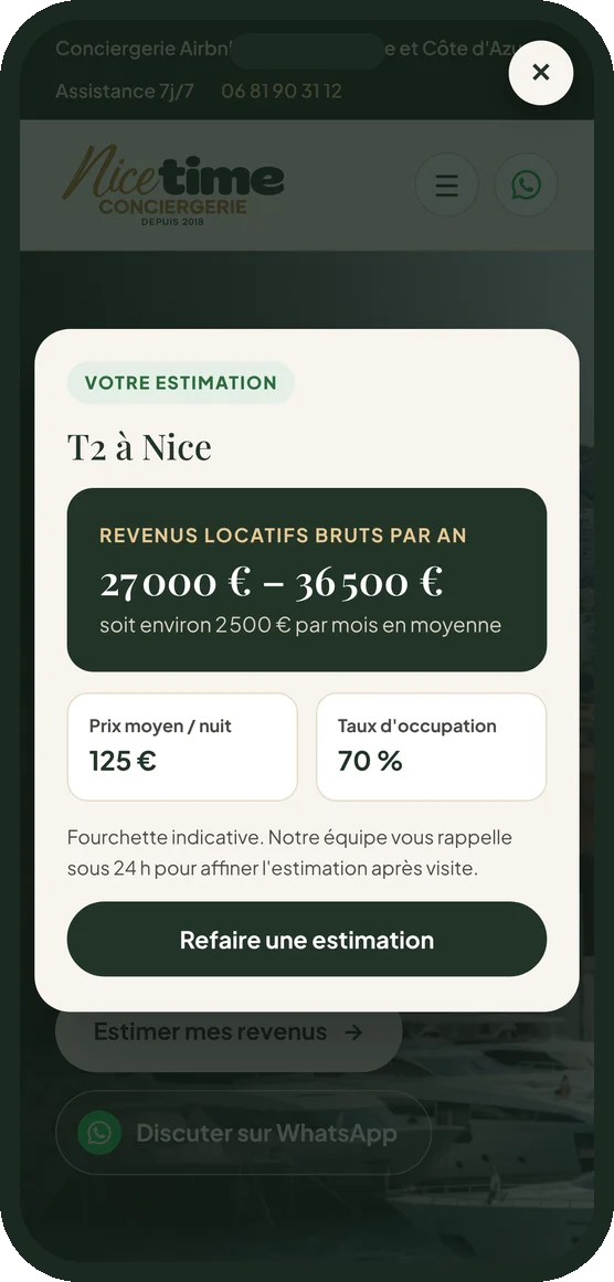 Rental income estimate shown on a phone, Nice Time Conciergerie website