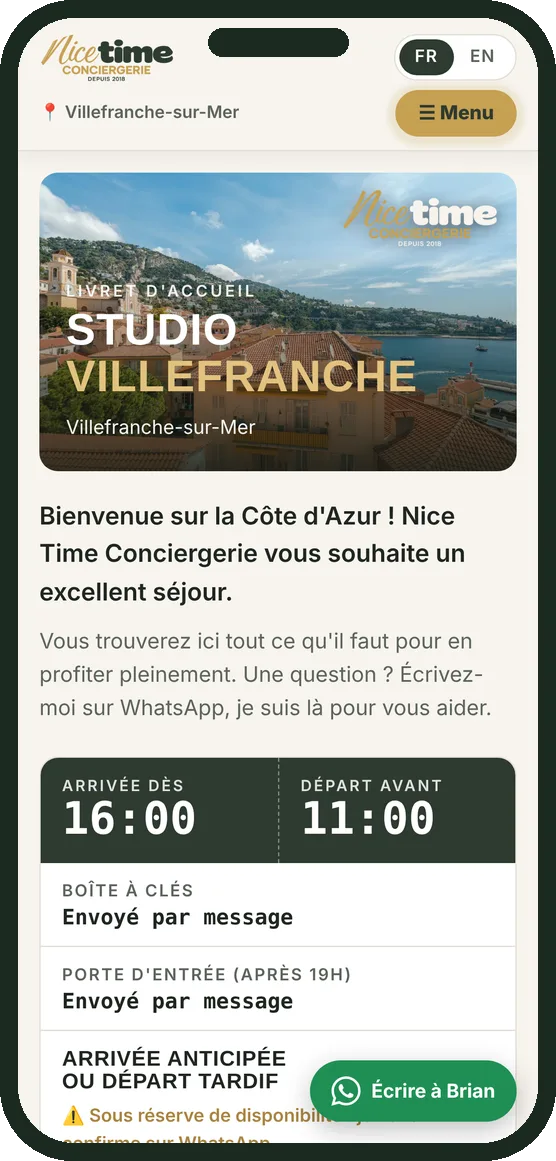 Nice Time Conciergerie digital welcome book shown on a phone