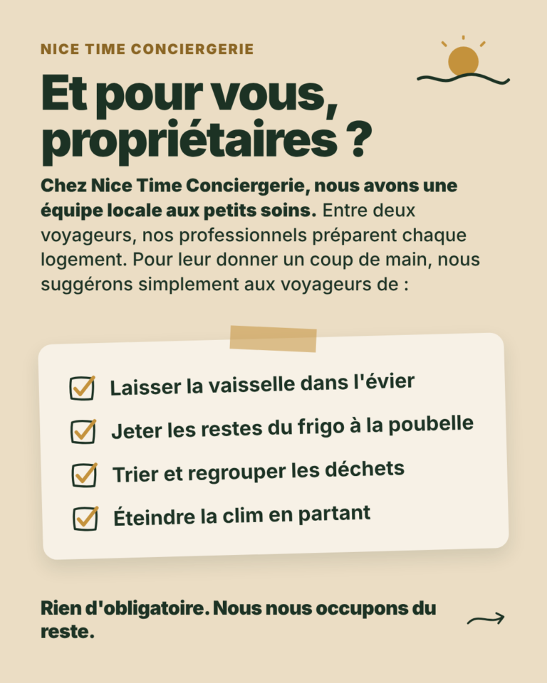 Suggestions de départ Nice Time Conciergerie : vaisselle dans l’évier, restes du frigo, déchets triés, clim éteinte